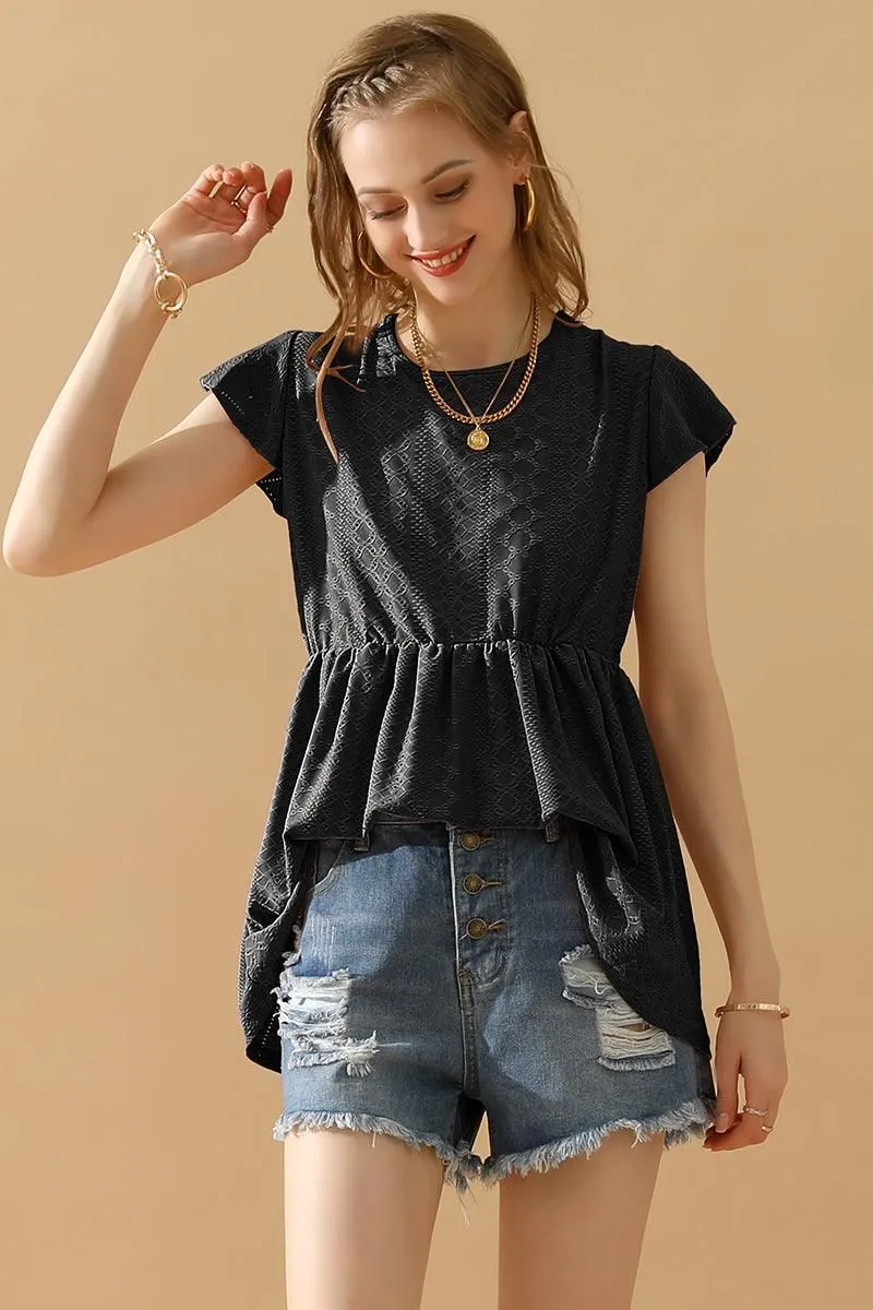 BondedSeamTechnology Reflective Trim RUFFLED ELASTIC WAIST PUNCHING LACE TEE