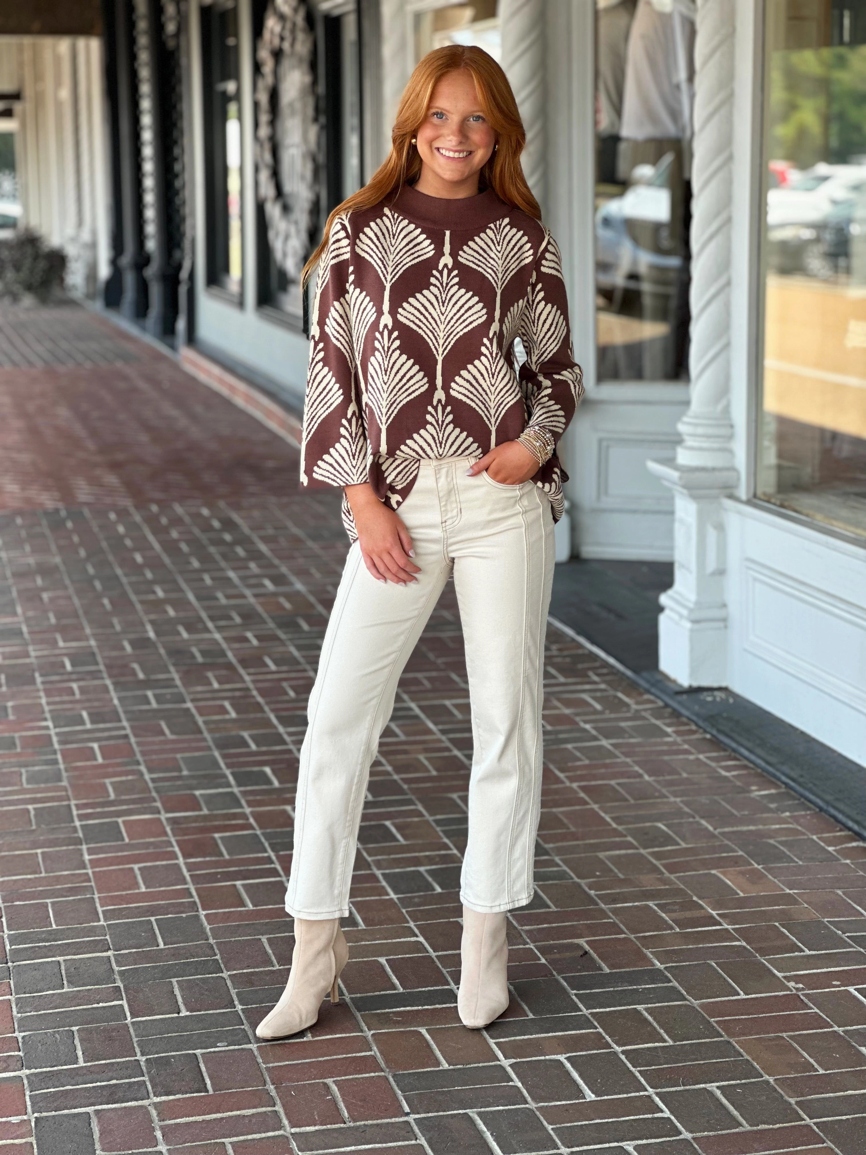 Knit Fabric Technology Abstract Printed Pullover Sweater in Brown