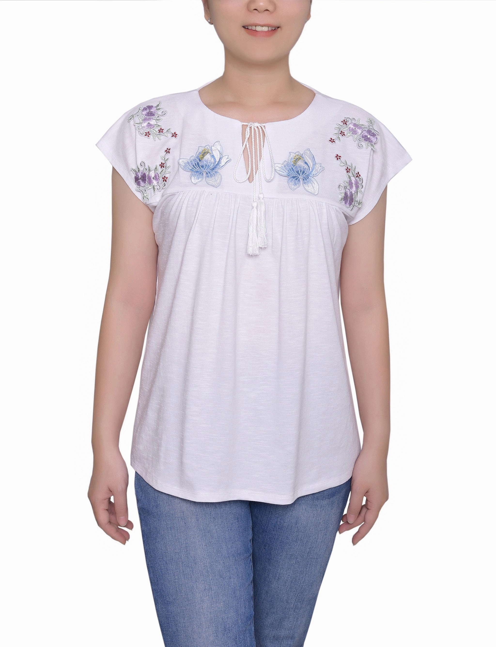 Embroidered Yoke Extended Sleeve Top Wrinkle Resistant Finish