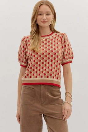 Fawn Argyle Short Sleeve Sweater in Camel MultiFunctionalPockets EasyCare Fabric
