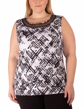 DropShoulder Plus Size Sleeveless Top With Crochet Neckline