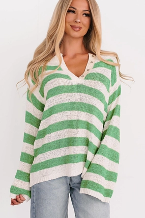 All Dressed Down Striped Knit POL Sweater (Green/Multi) QuickDrySystem