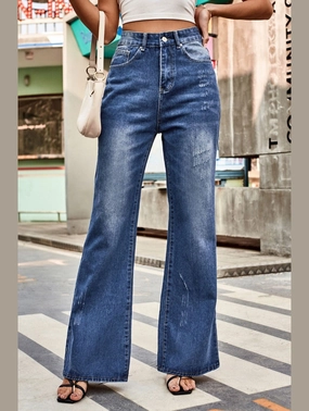 WOMEN FLARE WASHED DENIM PANTS CASUAL JEANS Core Movement ReinforcedStitching