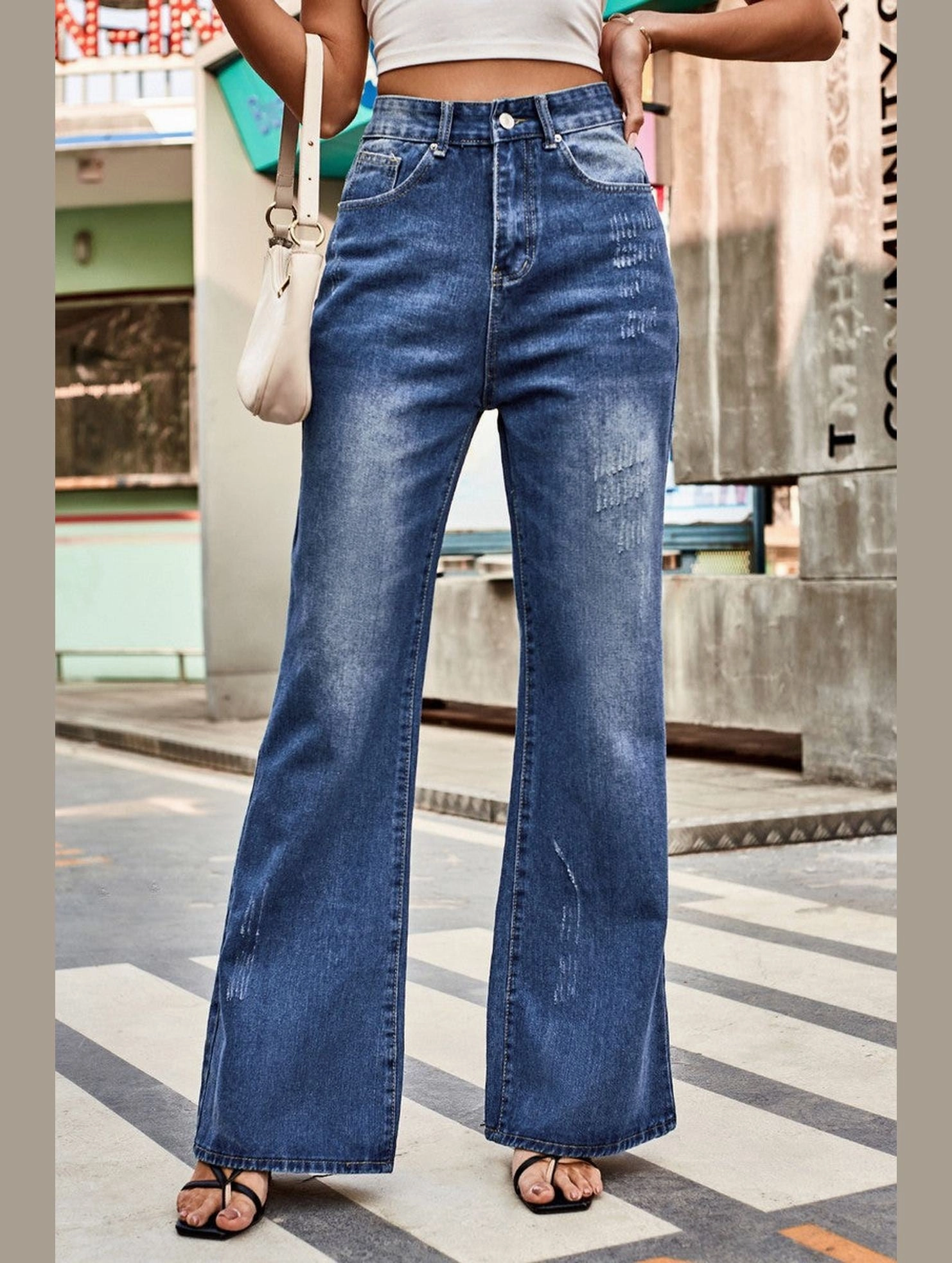 WOMEN FLARE WASHED DENIM PANTS CASUAL JEANS Anti Bacterial Treatment