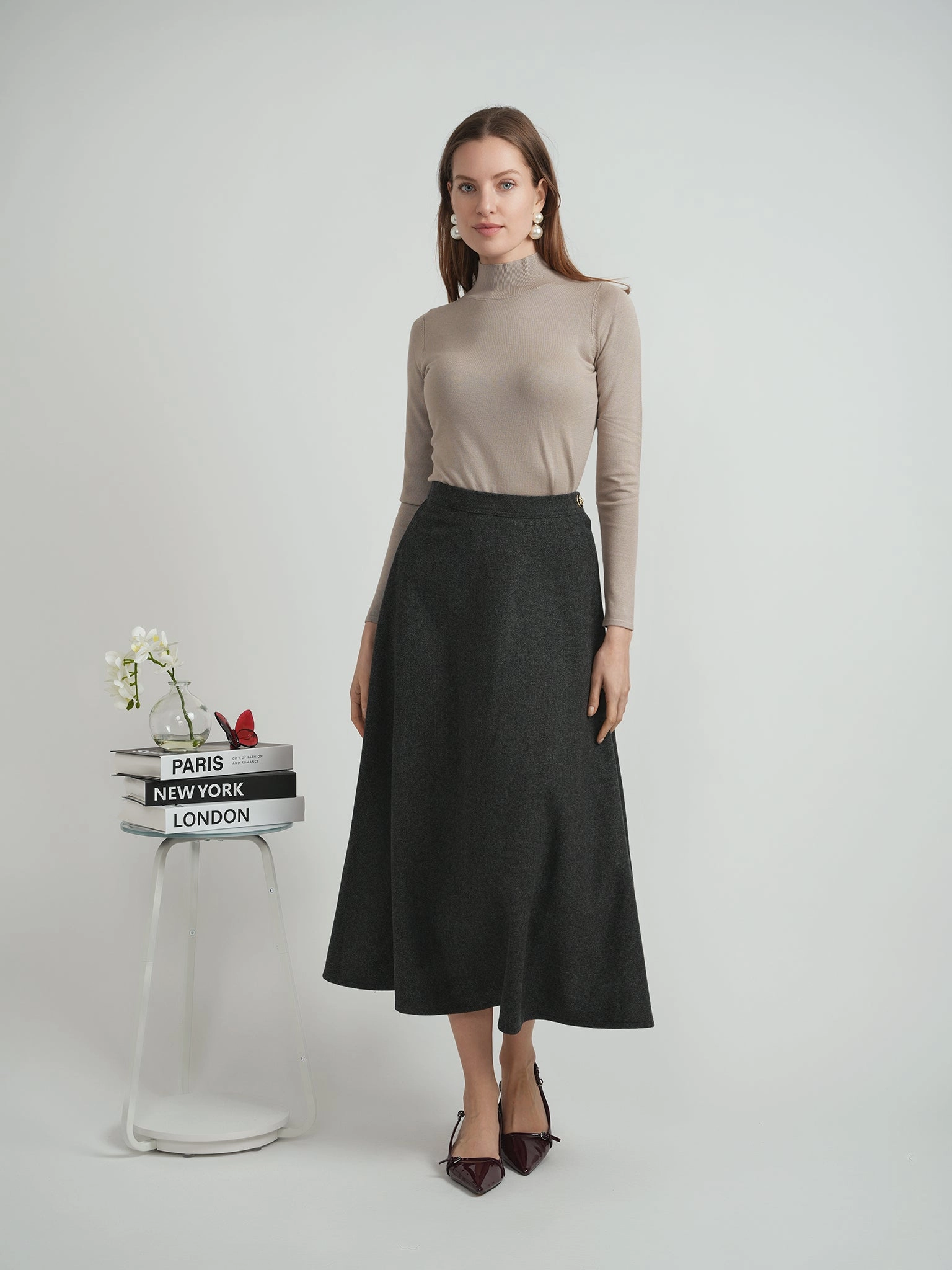 Shirred Back Viva K Charcoal Wool Midi Skirt WB5CM1700SM