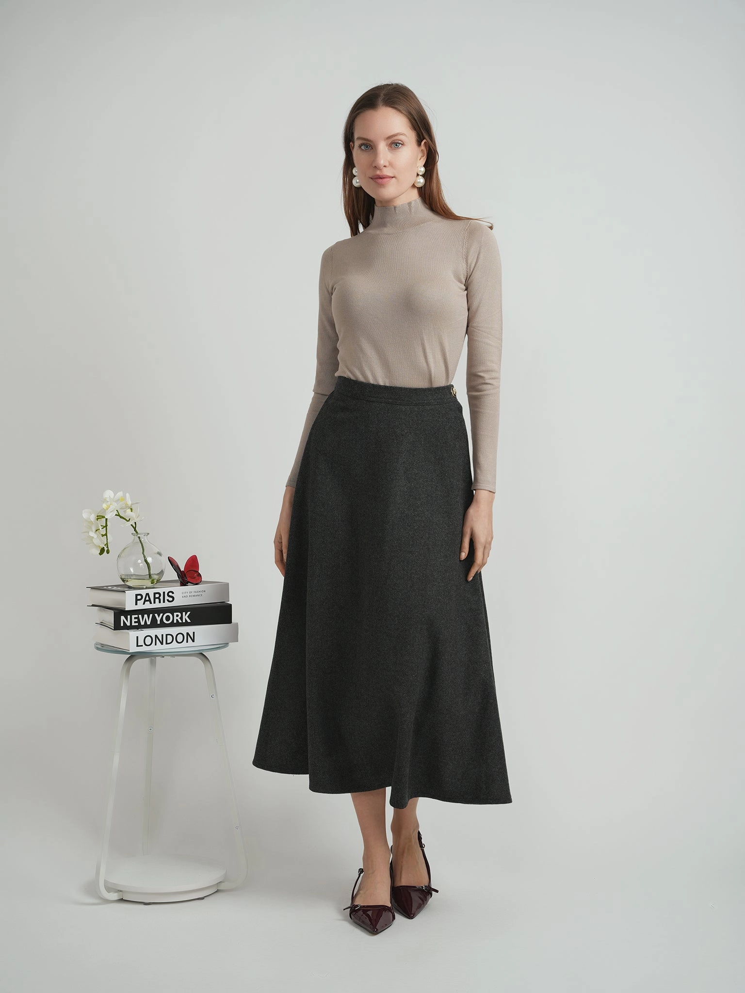 A line mix and match Viva K Charcoal Wool Midi Skirt WB5CM1700SM