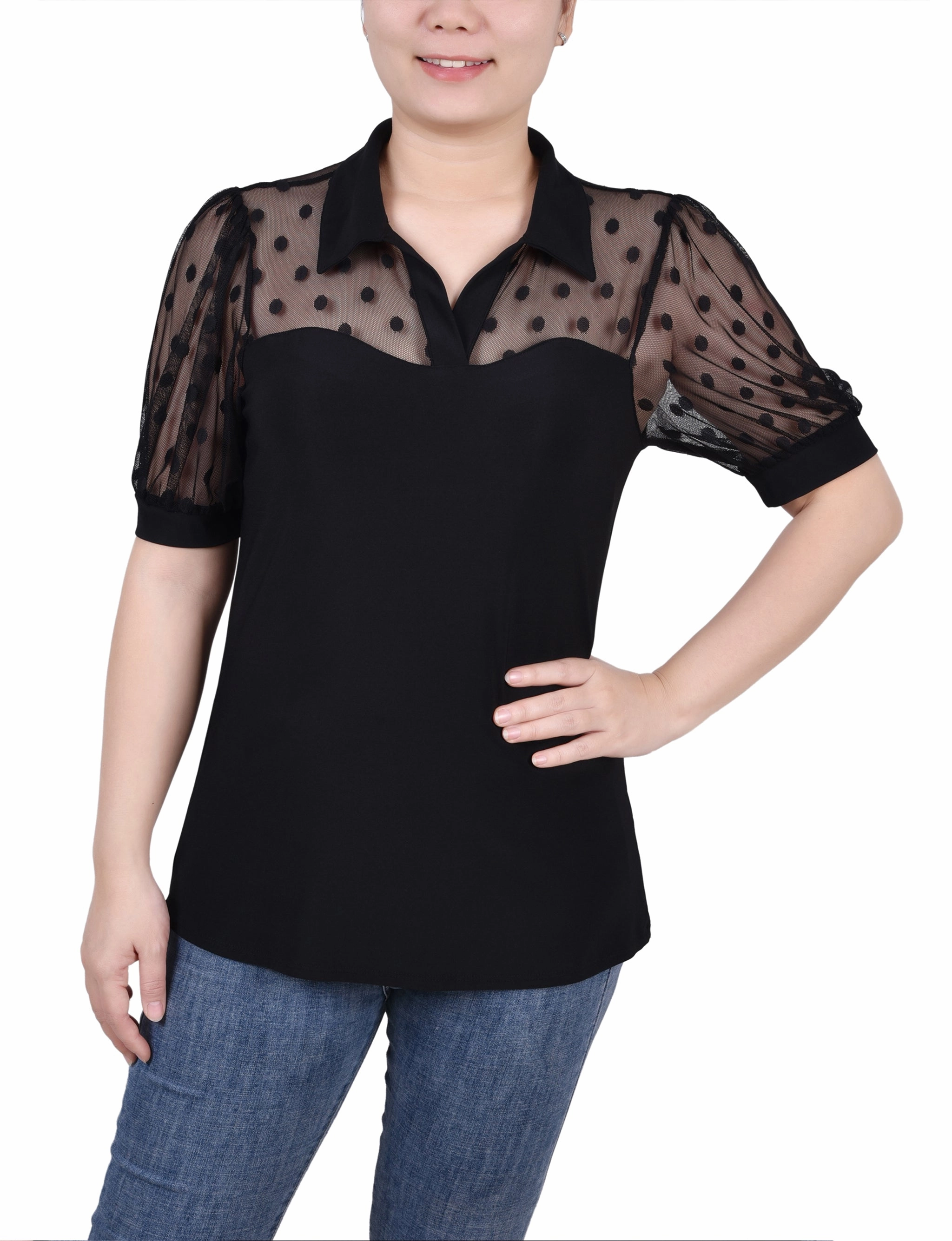 AntiStaticTreatment Petite Short Sleeve Top With Dotted Mesh
