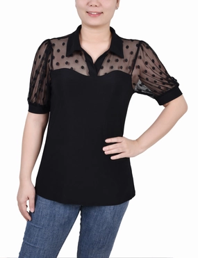 DurableStitching NonRestrictiveSilhouette Petite Short Sleeve Top With Dotted Mesh