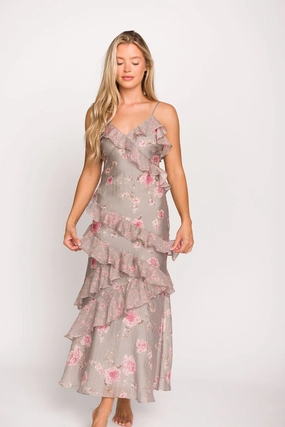 Amelia Ruffle Maxi Dress in Grey/Pink Floral *Final-Sale* Feminine Structure