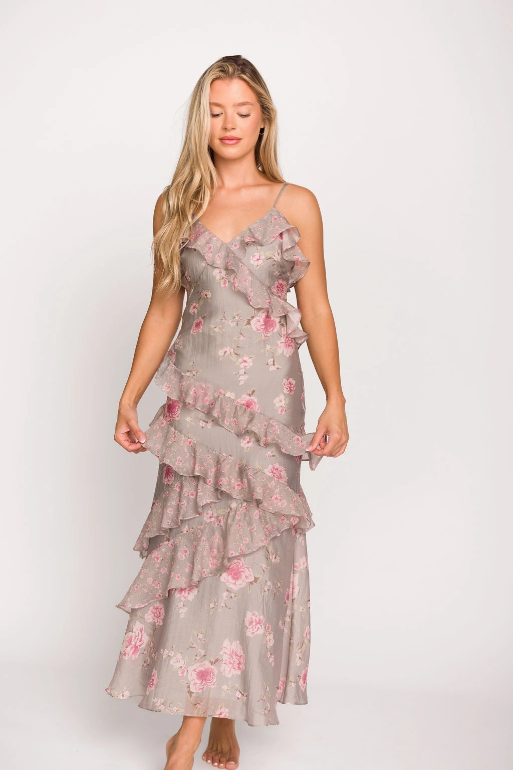 Amelia Ruffle Maxi Dress in Grey/Pink Floral *Final-Sale* Feminine Structure