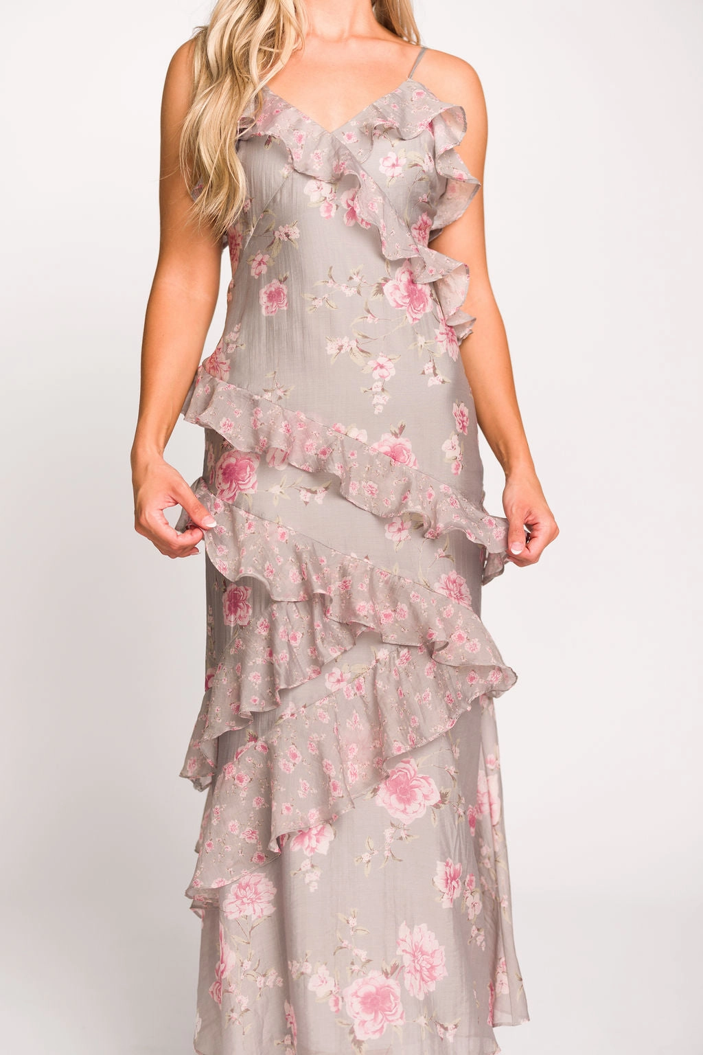 Amelia Ruffle Maxi Dress in Grey/Pink Floral *Final-Sale* Smart and Stylish City Casual