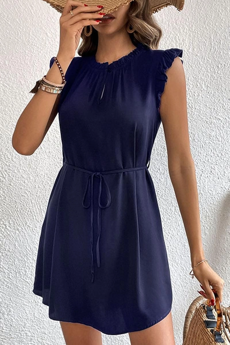 Silky Shape ANGEL WING SLEEVE WRINKLED NECK STRING WAIST DRESS