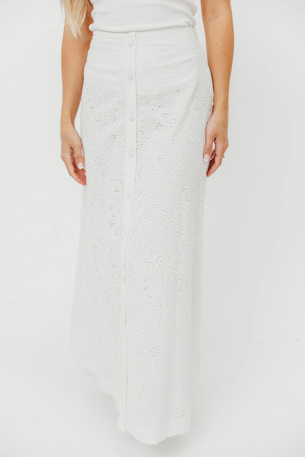 Simple Fit Elastic Band Cathleen Eyelet Maxi Skirt in Ivory