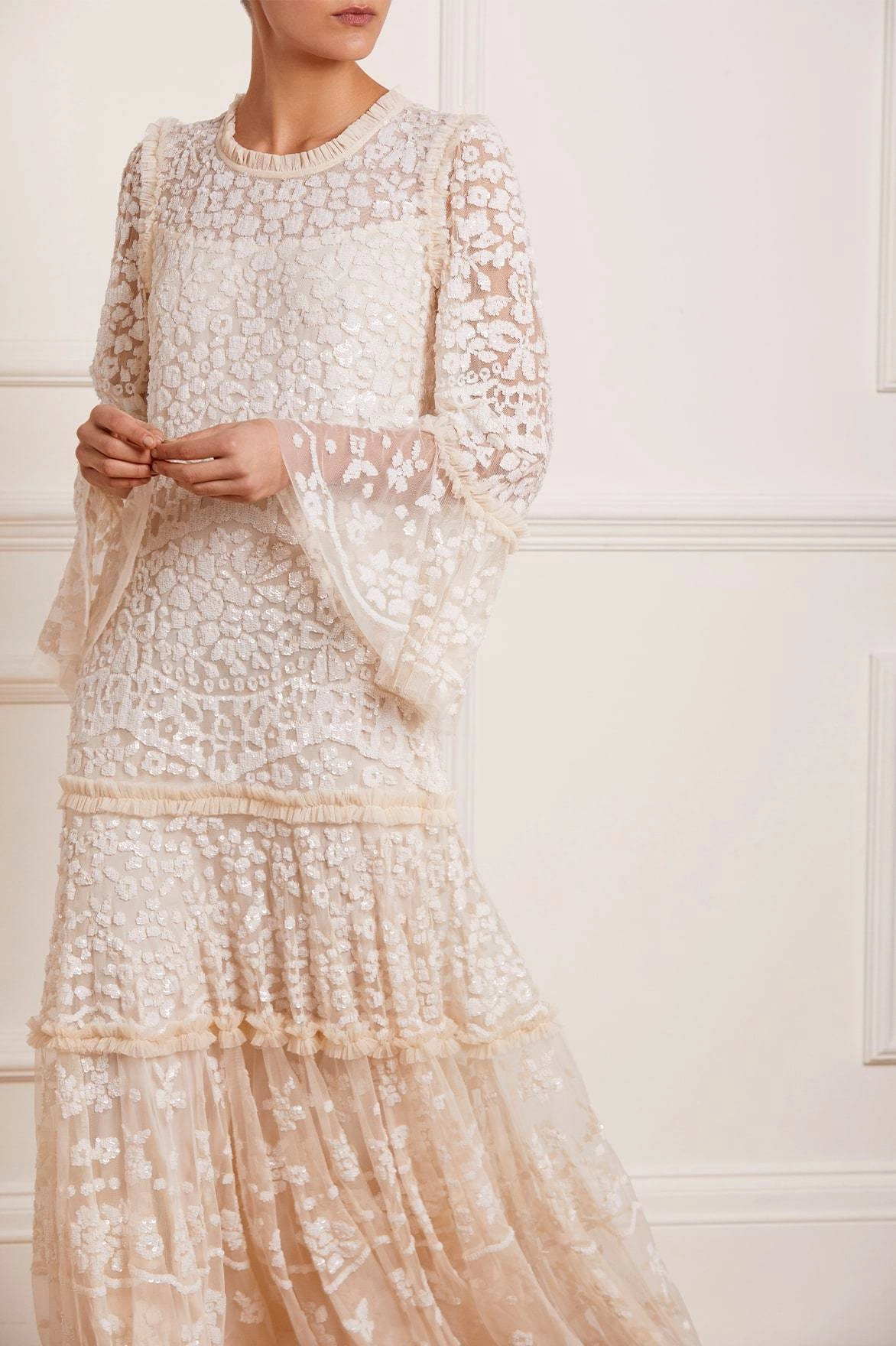 Annie Sequin Tiered Ankle Gown Neutral Base Street-Style