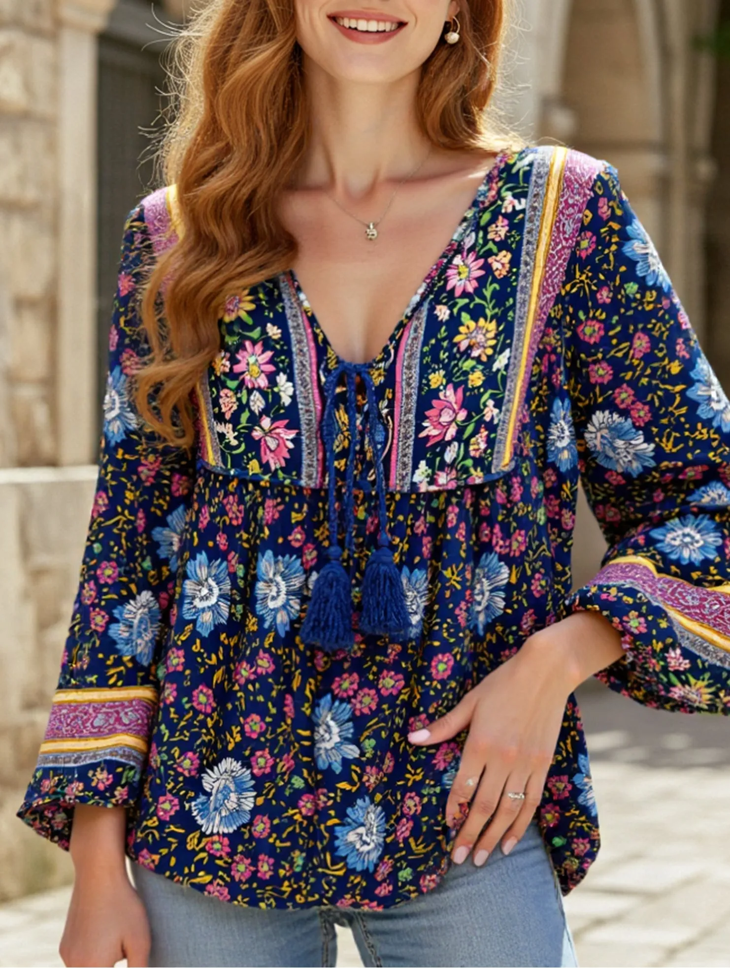 Bohemian print long-sleeved T-shirt Elasticized Waistband Thermal Regulation System