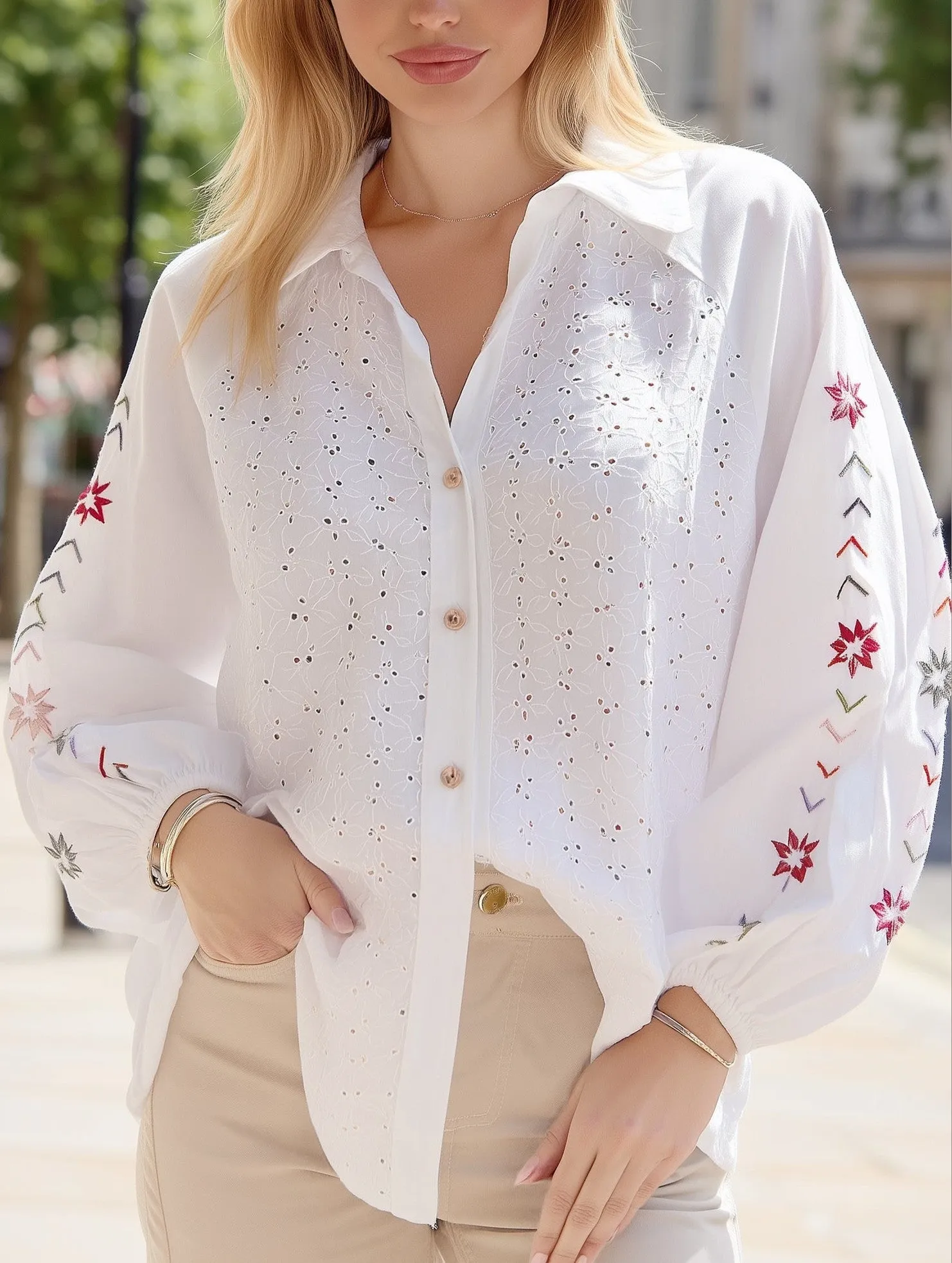 Embroidered Eyelet Shirt ??Balloon Sleeve Vintage Blouse Reflective Detailing SoftLining
