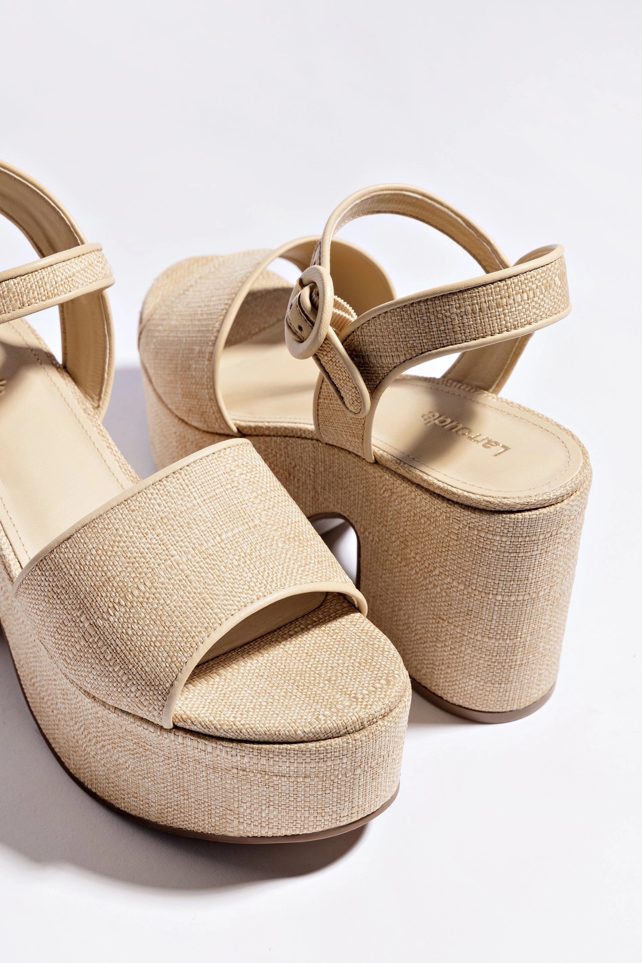 Earth Tone Miso Platform Strap Sandal In Beige Raffia