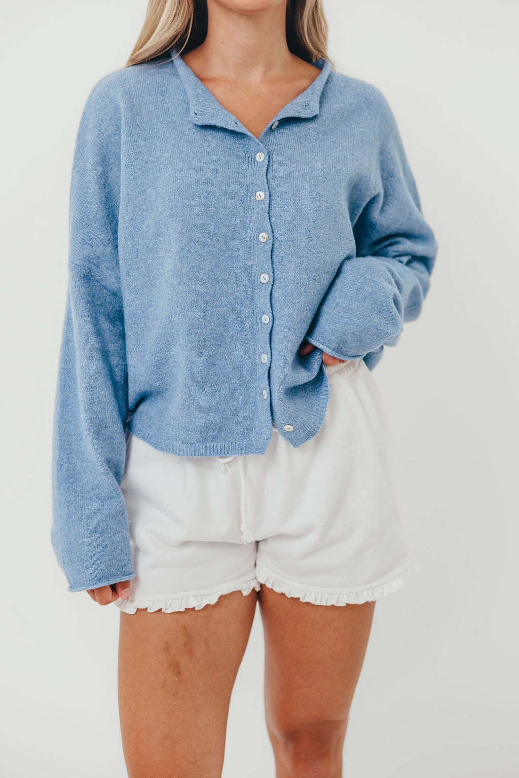 Piper Cardigan in Dusty Blue WideNeckOpening Friction Reducing Finish