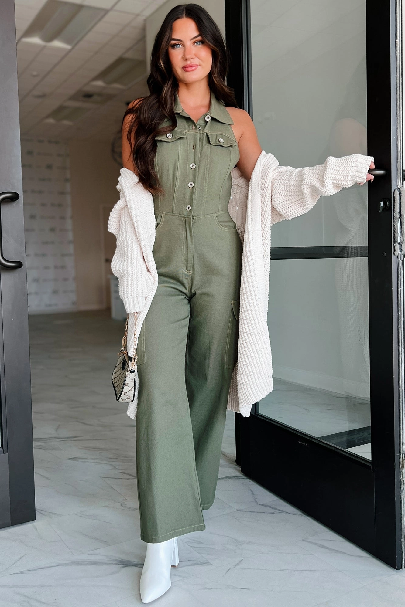 Social Call Denim Halter Cargo Jumpsuit (Olive) Noise Reduced Zipper WaterResistantCoating