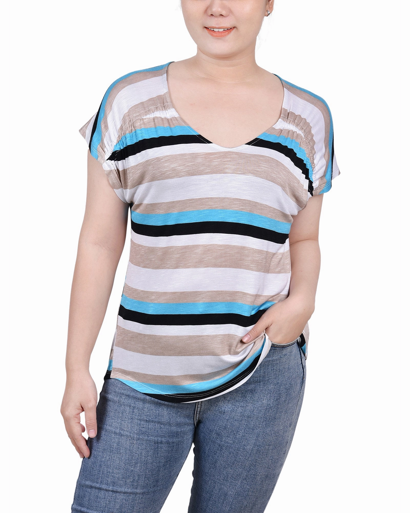 Petite Short Sleeve Striped V Neck Top Printed Hoodie