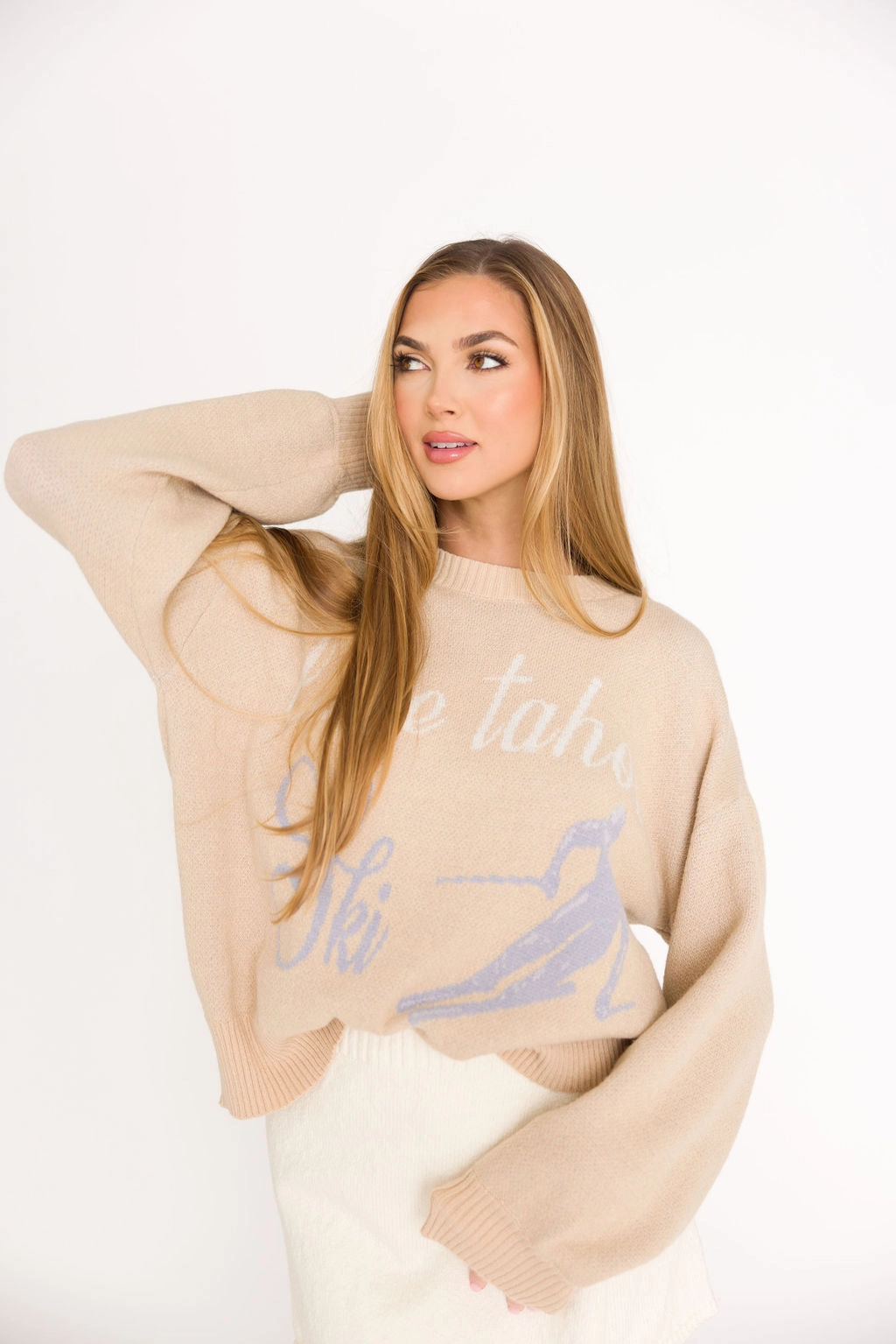 Lake Tahoe Ski Graphic Oversized Sweater in Beige Bonded Seam Technology Stretch Fit Top