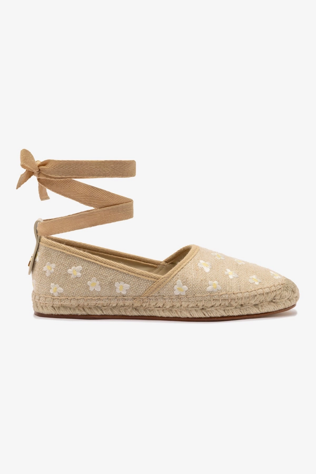 Letizia Espadrille Flat In Raw Linen and Daisy Embroidery Padded Tongue