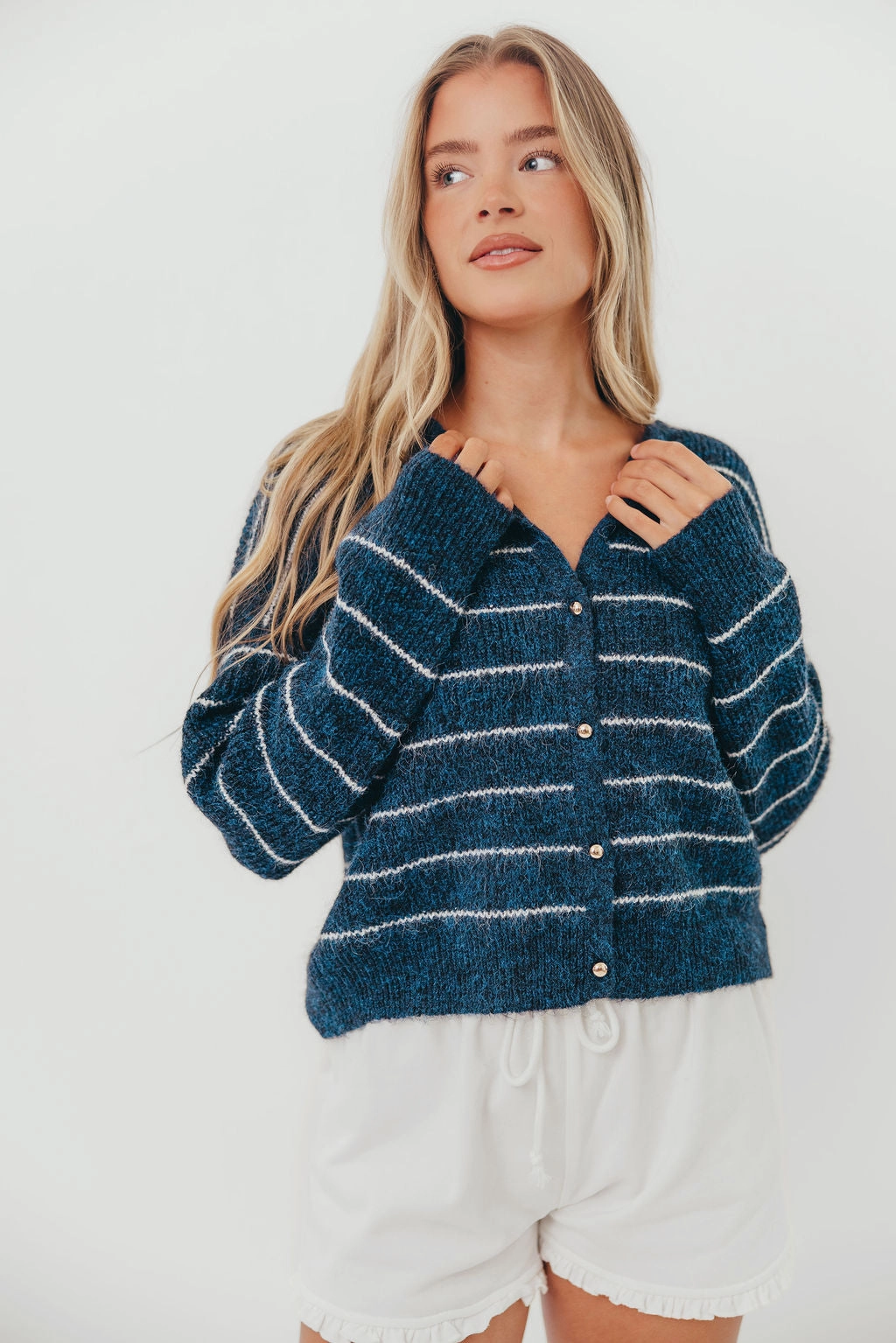 Bellevue Cardigan Top in Navy Ivory Stretch Knit Fabric
