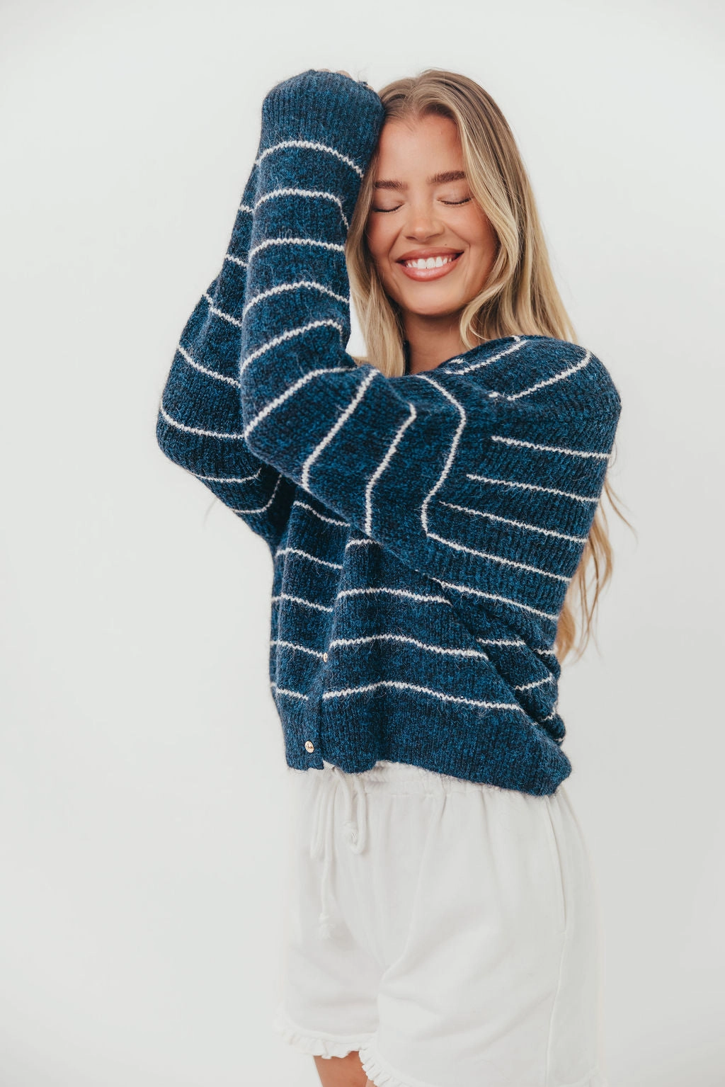 Friction Resistant Shoulder Layered Panel Design Bellevue Cardigan Top in Navy Ivory