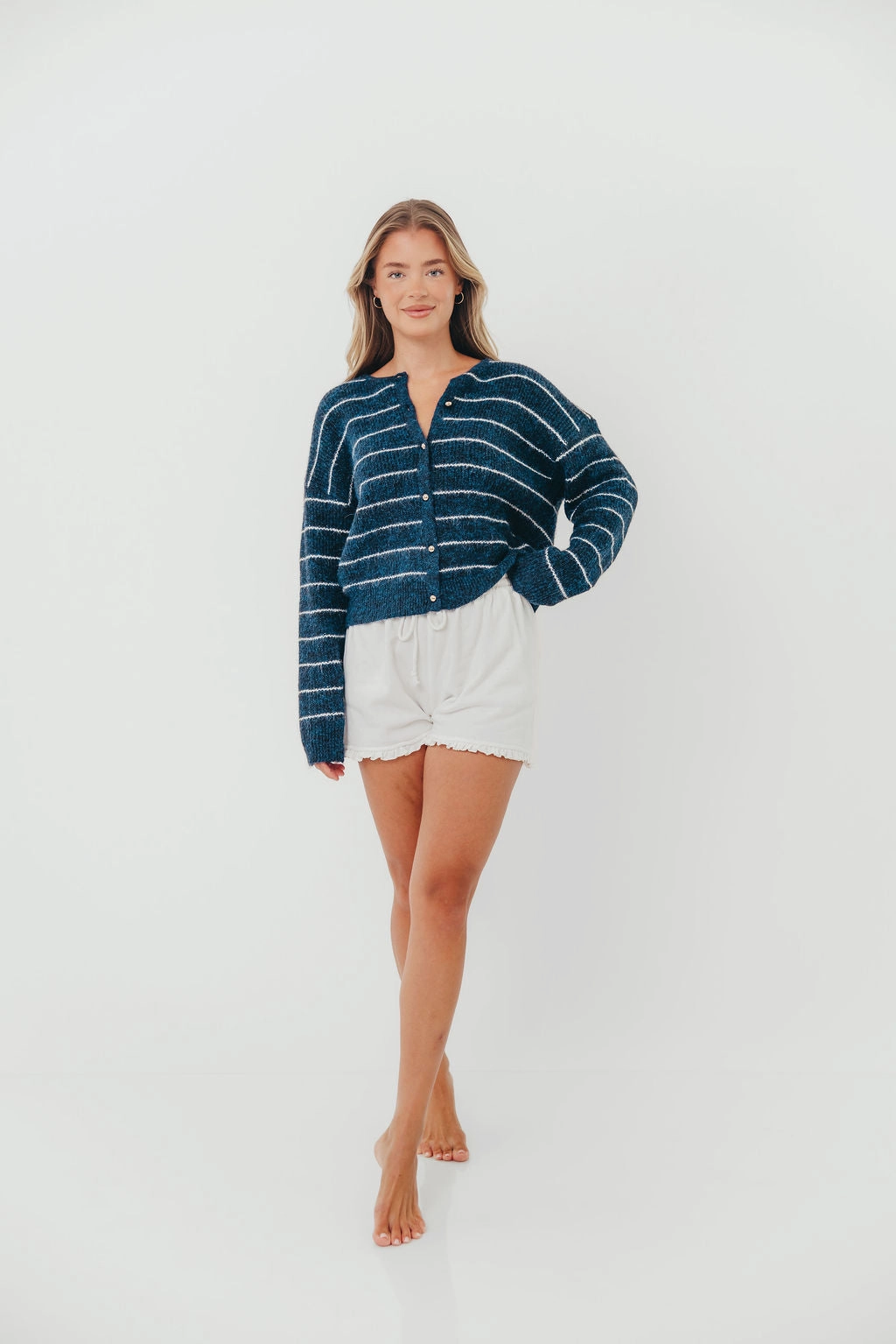 Bellevue Cardigan Top in Navy Ivory Thermal Insulation Tech Reinforced Hem Stitching