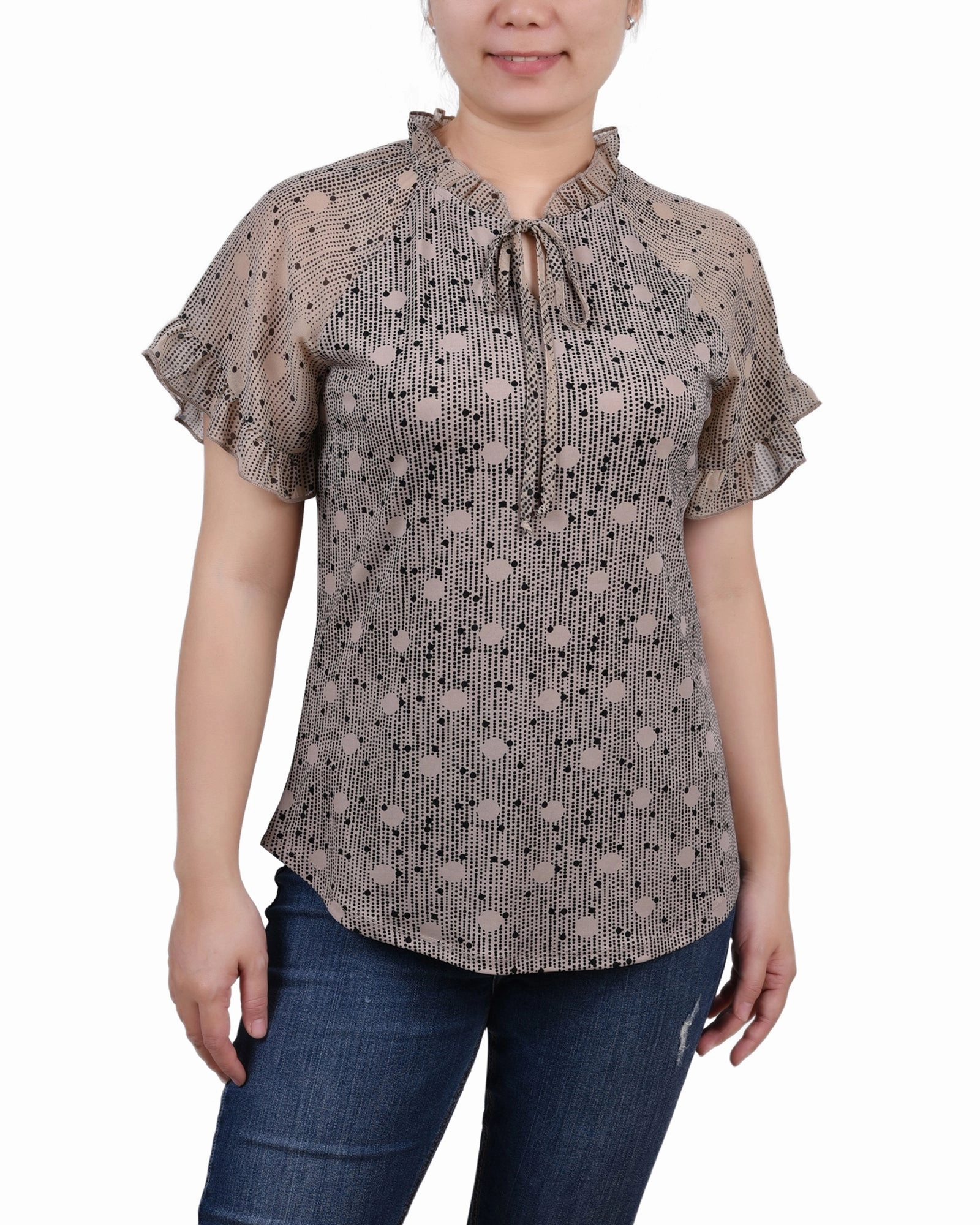 Petite Short Ruffled Sleeve Crepe Knit Top With Chiffon Sleeves Fray Resistant Edges Compact TravelFriendly Design