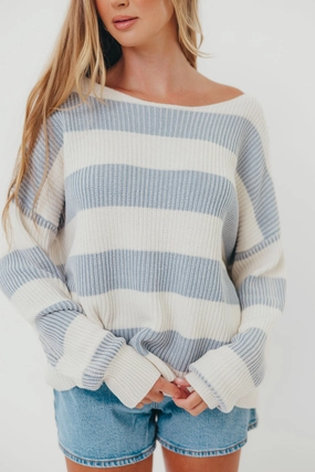 Tear Resistant Ribbed Hem Calloway Sweater in Light Blue White