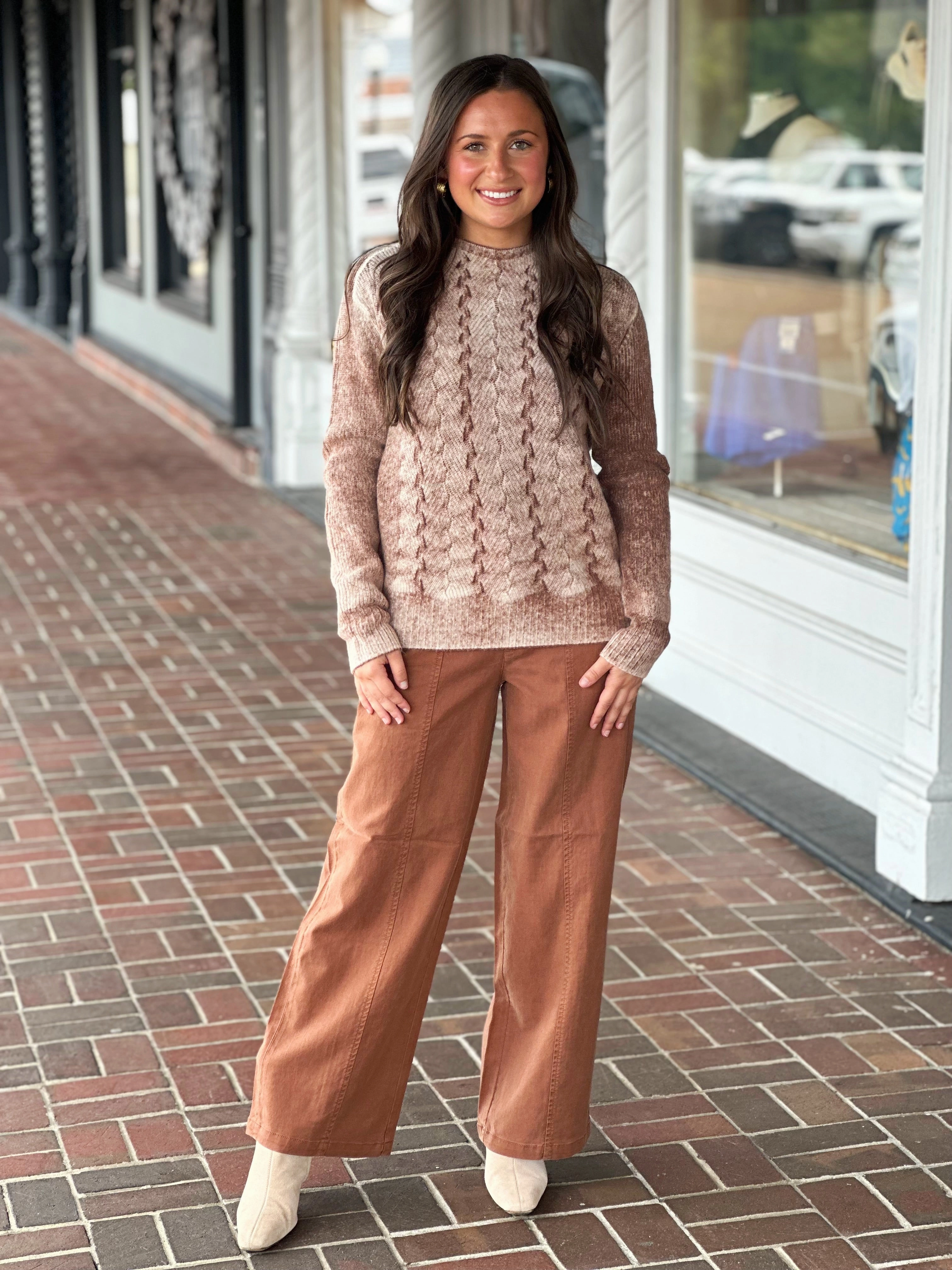 Structured Shoulder Lightweight Knit Charlie B Long Sleeve Crew Sweater in Sepia