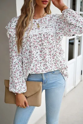 Low Profile Zipper Contoured Armhole Design WOMEN LACE TRIM FRILL ANGEL SLEEVE FLORAL BLOUSE