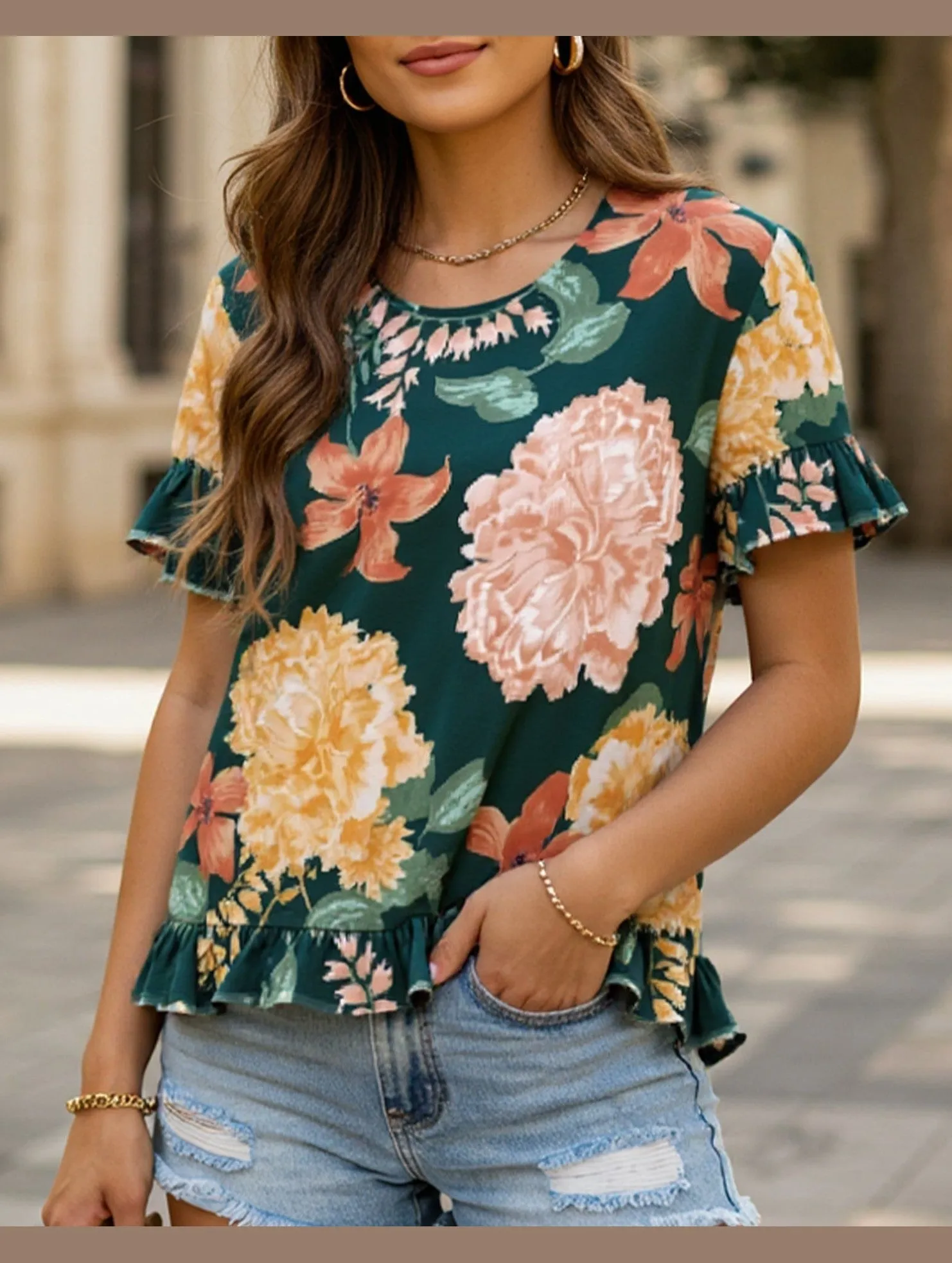 Formal top CREW NECK SHORT FRONT LONG BACK CASUAL LOOSE TOP