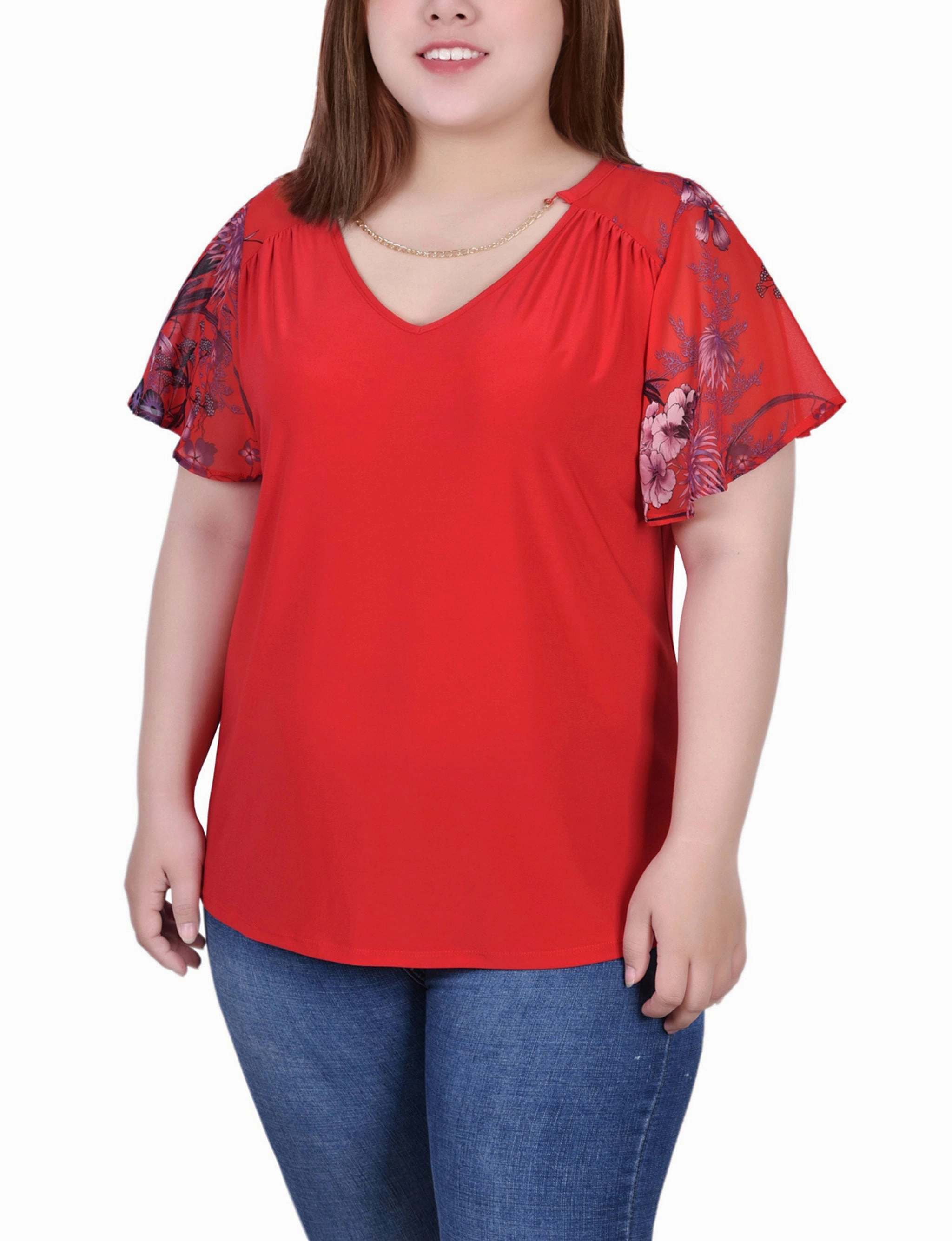 Plus Size Combo Chiffon-Sleeve V Neck Top TearResistant Flatlock Seam Technique