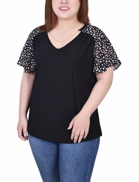 Plus Size Combo Chiffon-Sleeve V Neck Top HypoallergenicFabric FlatlockStitching
