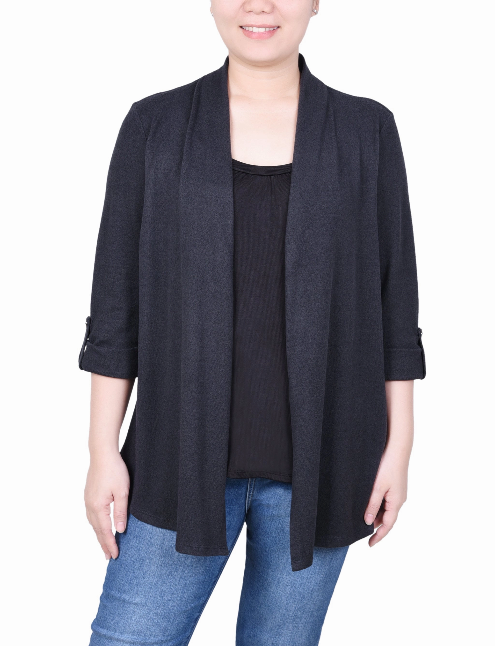 Petite 3/4 Sleeve Two In One Top Stretch Knit Material