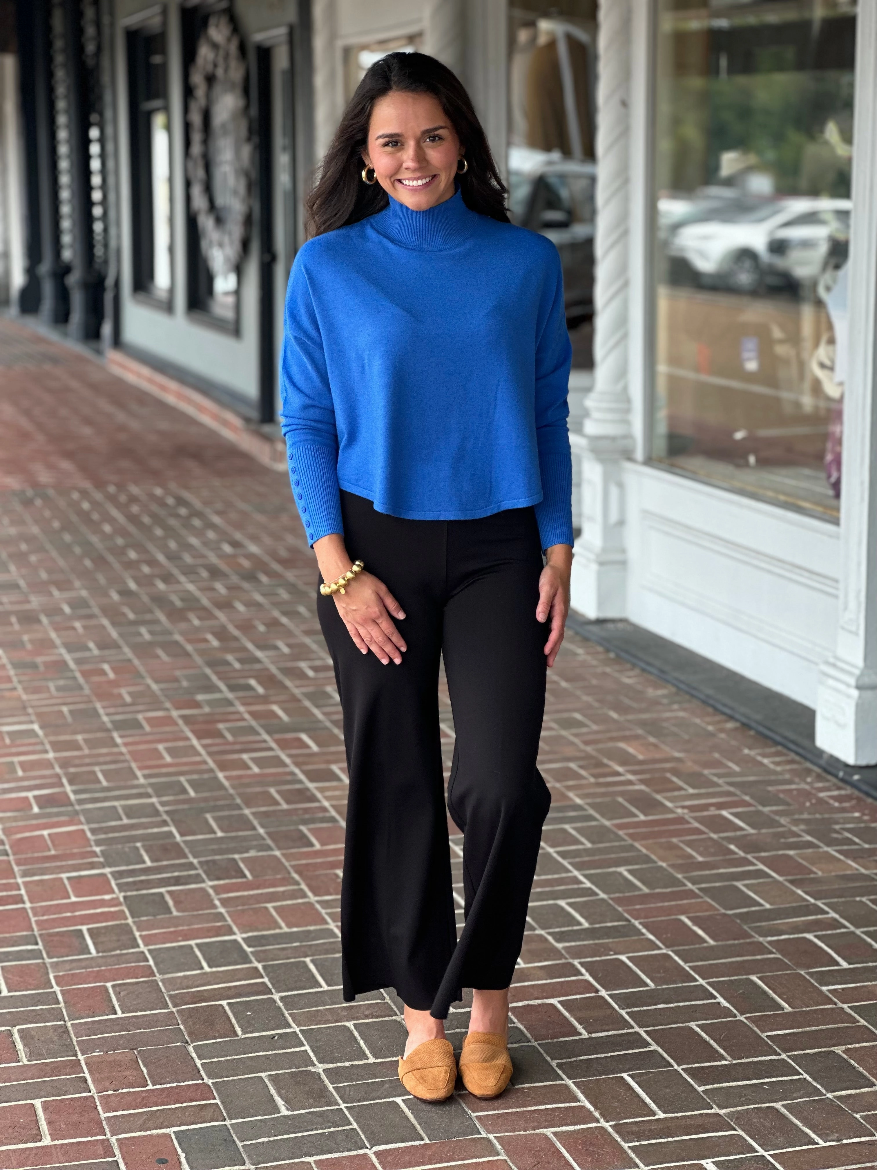 Blue Button Sleeve Knit Sweater High Neck Design Fade Resistant Finish