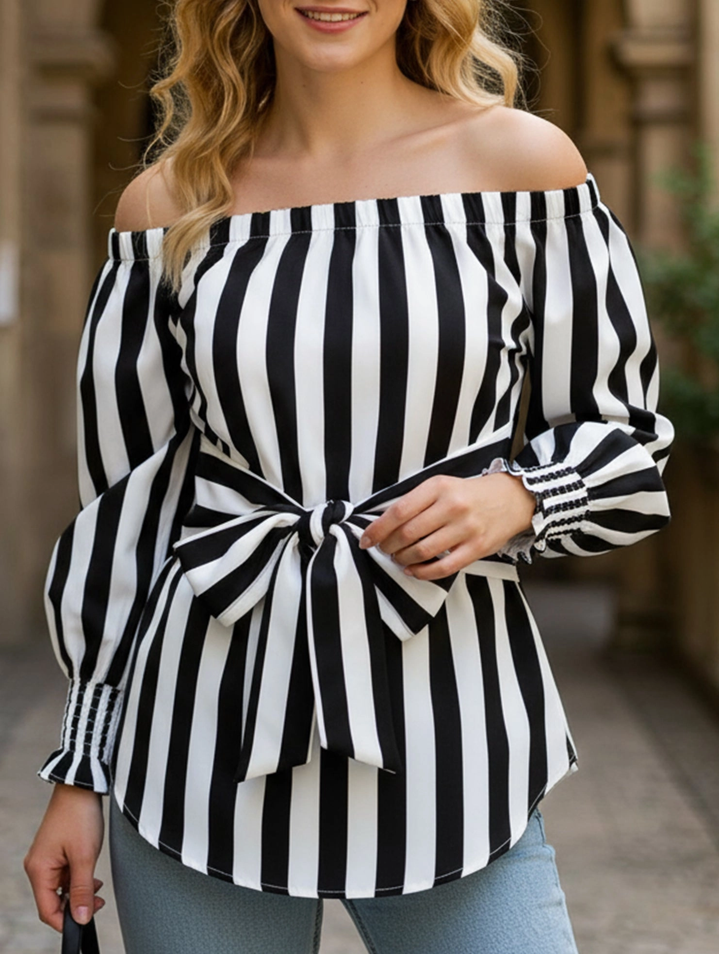 Versatile Shirt Loose off-the-shoulder asymmetrical striped shirt