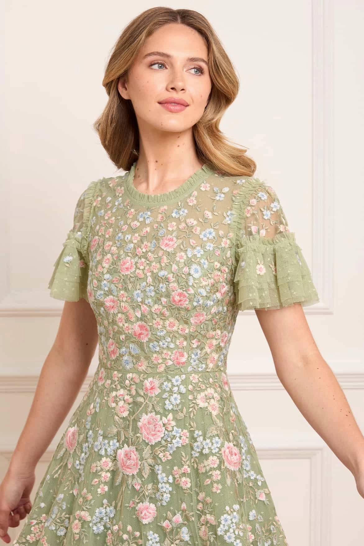 Antoinettes Floral Round Neck Ankle Gown Cool Drape