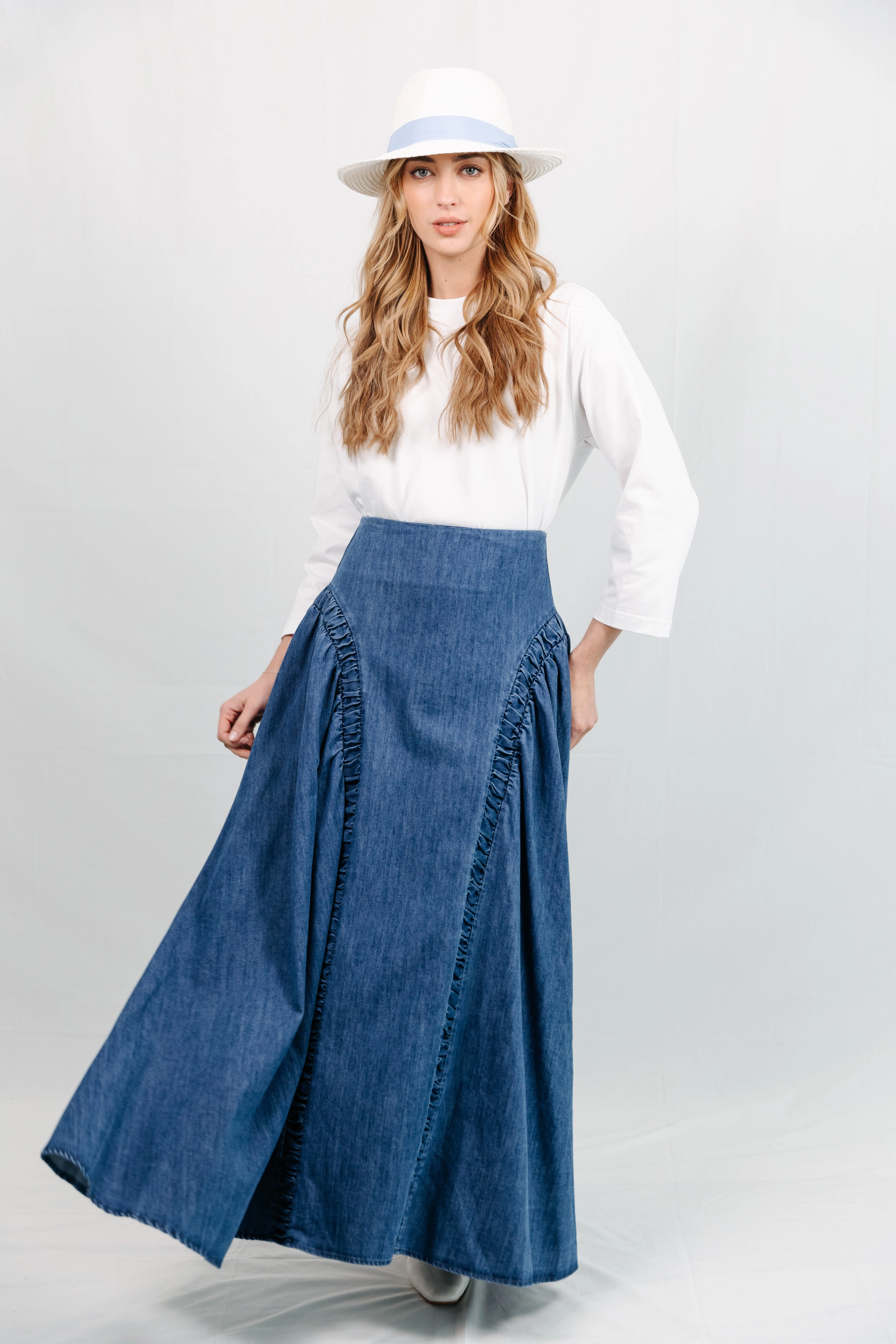 Ariella Denim Skirt Bold Print Smooth Look