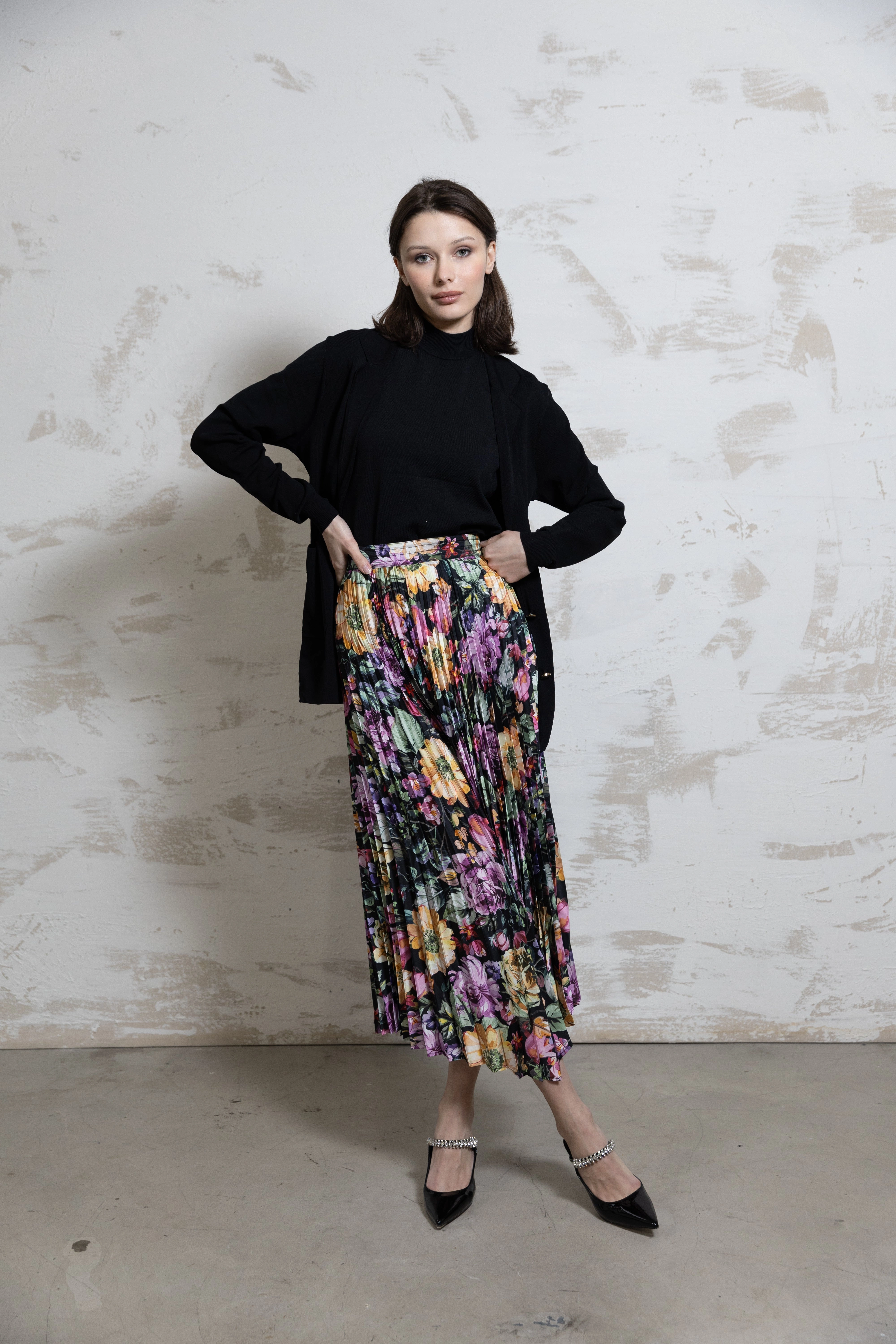 Arrow Pleated Skirt - Floral Semi Sheer Water Repellent Finish
