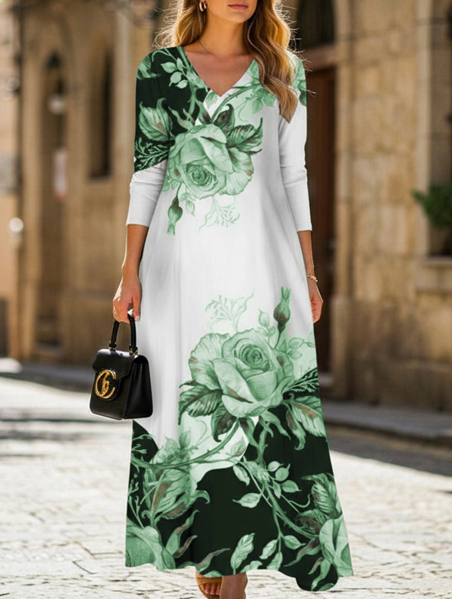 Printed V-neck button-down long-sleeved dress Casual maxi dress