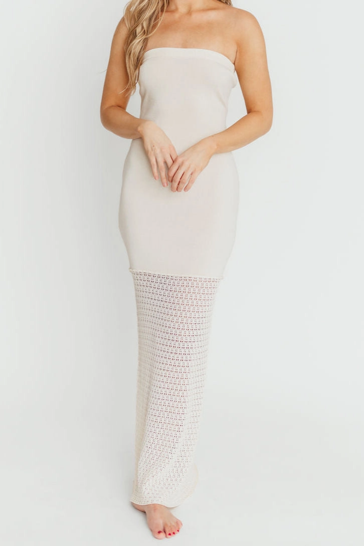 Arya Crochet Bottom Midi Dress in Cream *Final-Sale* Silky Movement Light Sheen