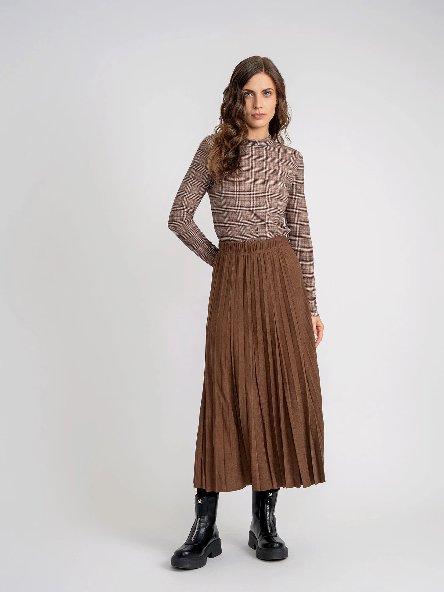Aspect Cognac Corduroy Midi Crinkle Pleated Skirt WB4CPT7064M Easy Motion Timeless Trend