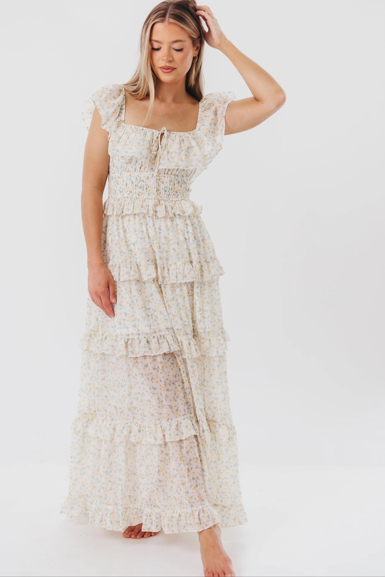 Astrid Ruffle Detail Maxi Dress in Yellow Floral  - Bump Friendly Euro Touch