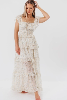 Astrid Ruffle Detail Maxi Dress in Yellow Floral  - Bump Friendly Euro Touch