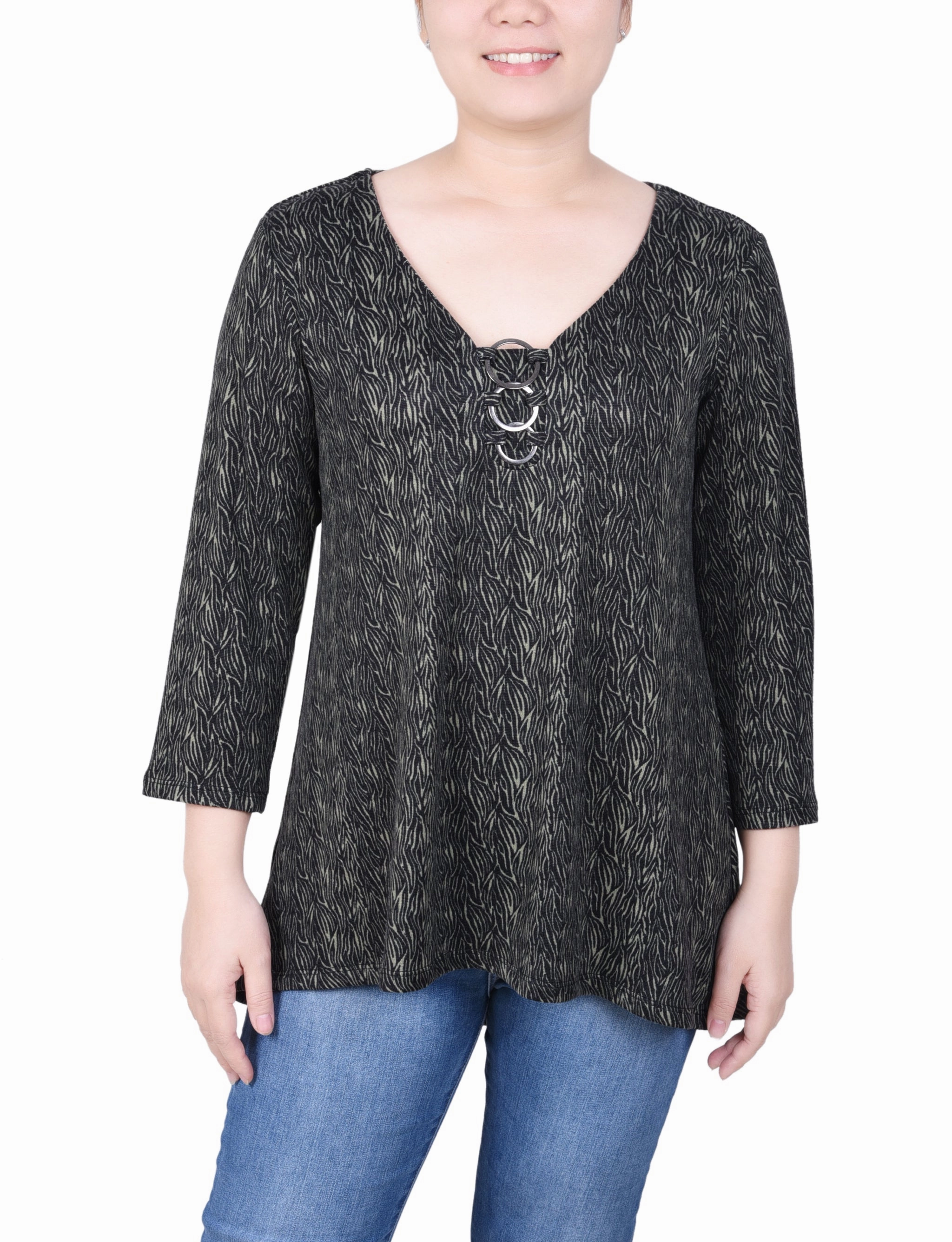 Fitted Blouse Basic Long Sleeve Petite 3/4 Sleeve 3-Ring Top