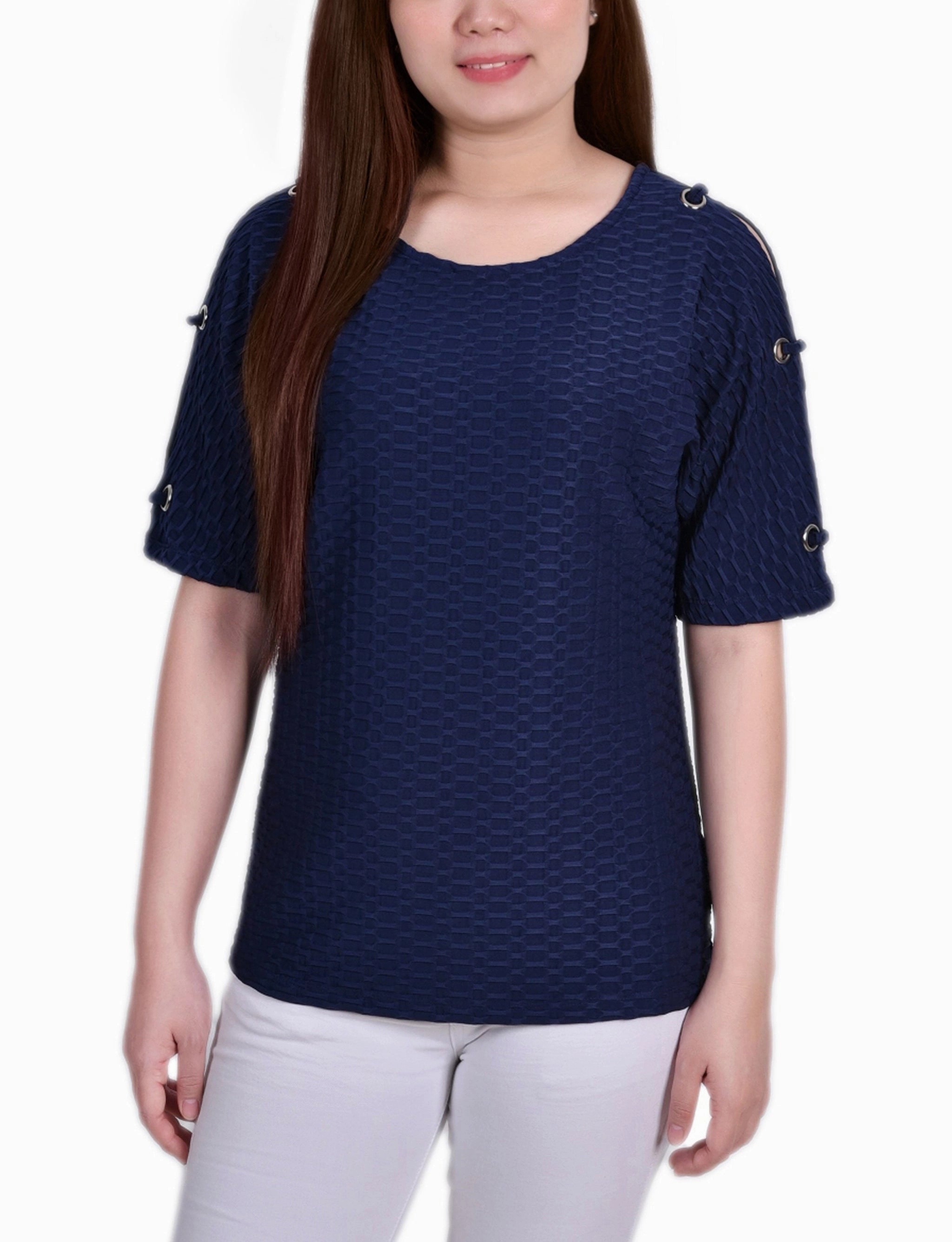 Short Sleeve Honeycomb Textured Grommet Top Smooth Stitching RecycledPolyesterBlend