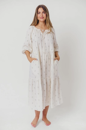 Sleek Touch Feminine Mood Avery Tiered Linen-Blend Midi Dress in Soy/Sage Foliage - Bump Friendly and Inclusive Sizing *Final-Sale*